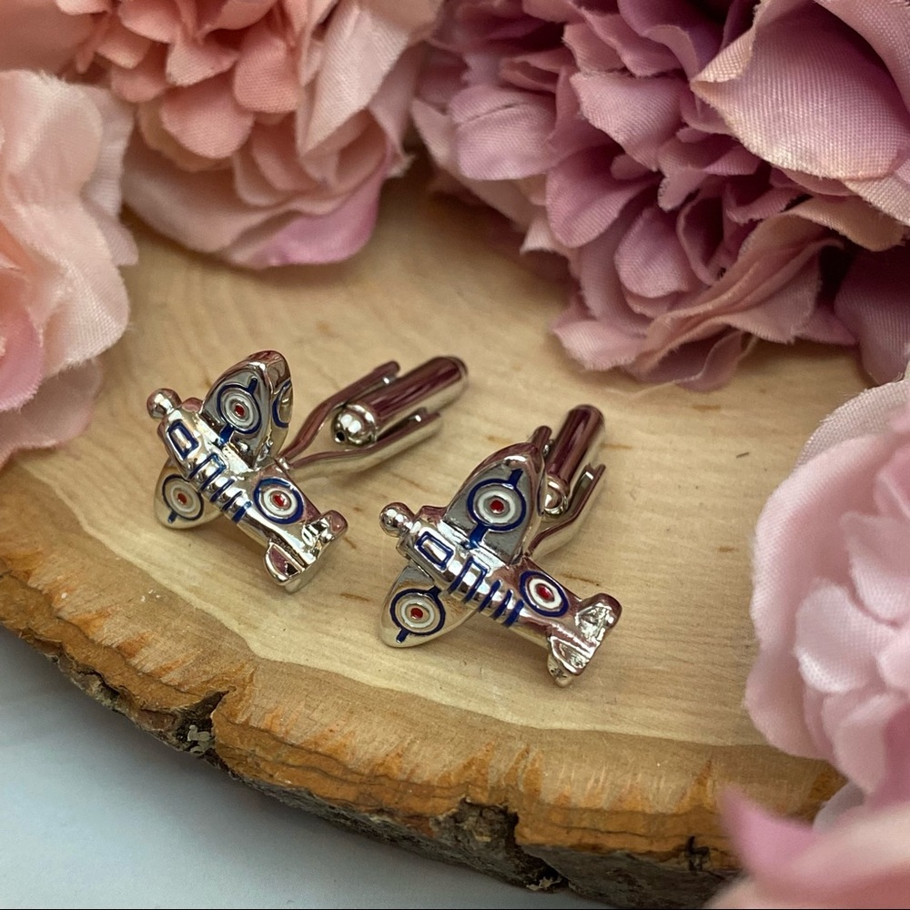 Silver Spitfire Military Airplane WWII Cufflinks - Picture 6 of 16